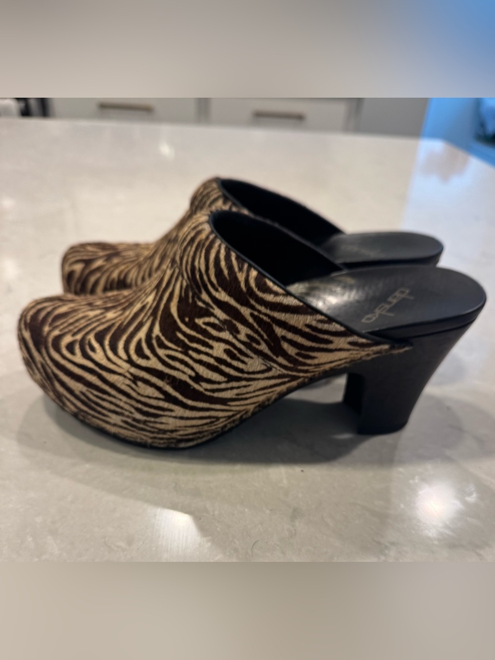 Dansko Rae Calf Hair Heeled Mules Brown and Cream Zebra-Print Clogs - Picture 1 of 8